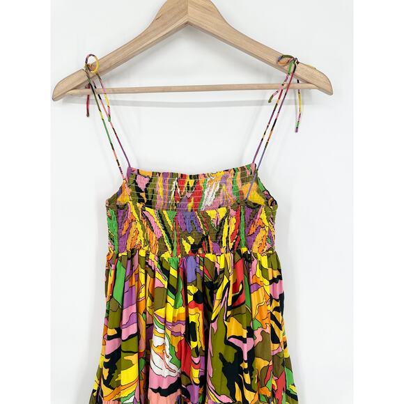 SWF Birds of Paradise A-Line Dress Smocked Square Neck Tie Shoulder Midi Floral - Picture 9 of 13